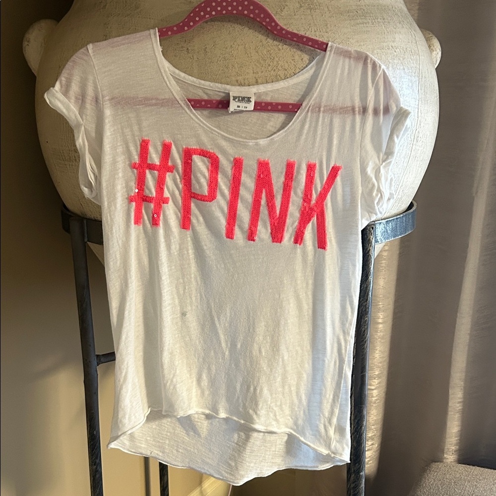 PINK Victoria's Secret White Tee with Neon Pink Graphic